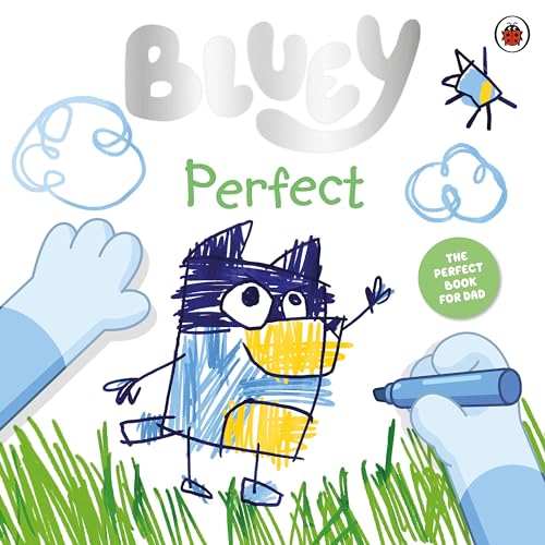 Bluey" book cover with childlike drawings of a blue dog and grass.