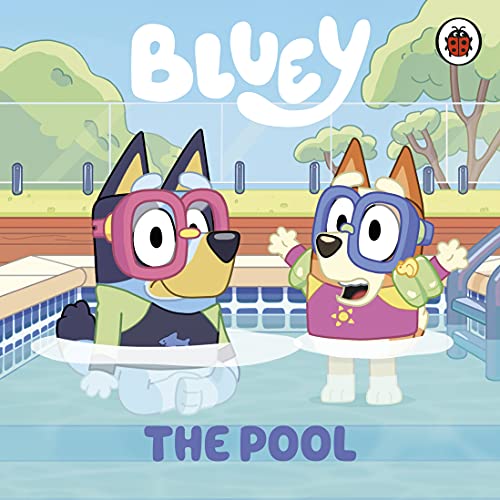 Bluey and Bingo with swim gear by a blue-tiled swimming pool.