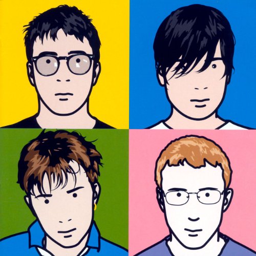 Four cartoon portraits of the band Blur on a colorful grid.