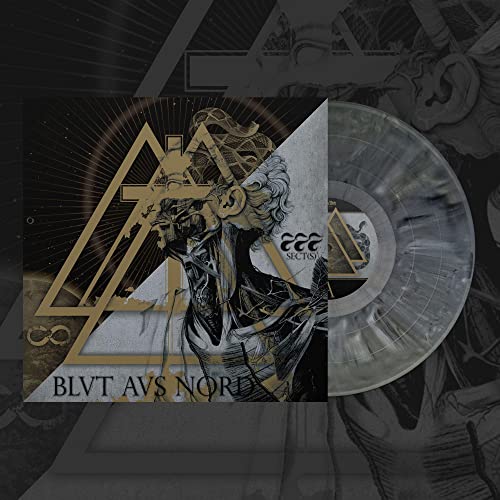 Black and gold album cover with gray vinyl record partially visible behind it.