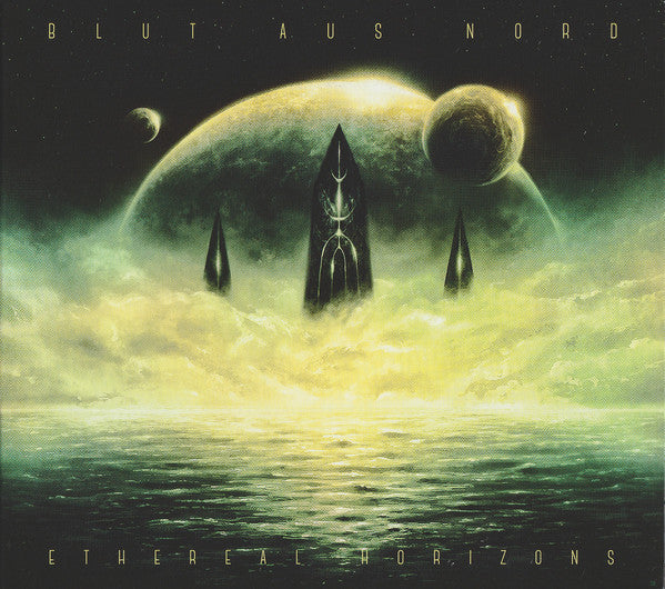 CD cover: dark, surreal landscape with towers and planets.