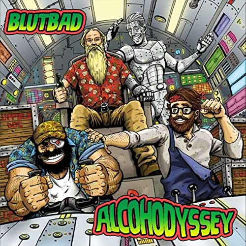 CD cover art: cartoon men in a spaceship cockpit with alcohol.