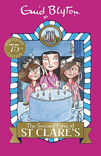 Book cover: three girls with a birthday cake and school illustration.