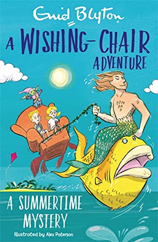 Book cover: children on a flying chair pulled by a merman.