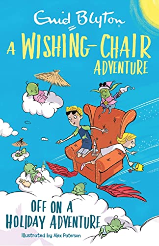 Children fly on a winged armchair with small green aliens.