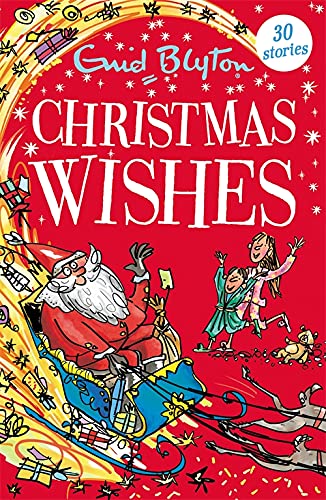 Red book cover with Santa, a child, and reindeer in flight.
