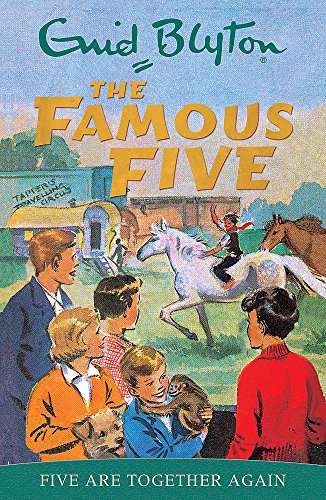 Book cover illustration featuring the Famous Five children, a dog, and a circus scene.