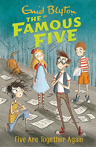 Book cover illustration showing four children and a dog surrounded by scattered papers.
