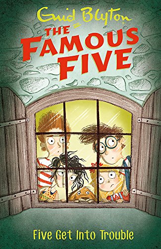 Book cover: "Five Get Into Trouble" showing children peeking through a window.