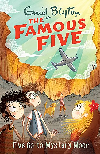 Book cover: "Famous Five" children, dog, and plane above moorland.