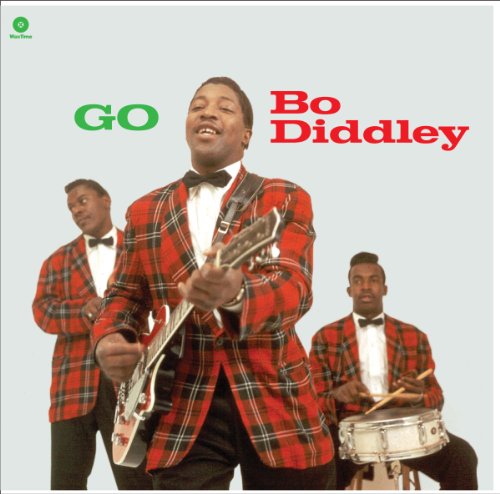 Bo Diddley album cover featuring three musicians in plaid suits.