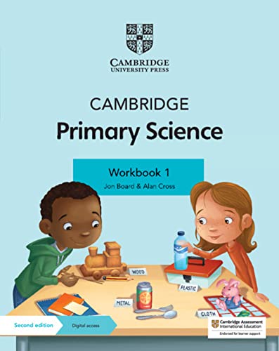 Cambridge Primary Science Workbook 1 cover with children and science materials.