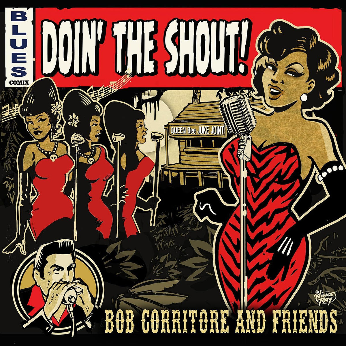 CD cover for "Doin' The Shout!" featuring illustrated musicians and a juke joint.