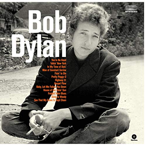 Bob Dylan's debut album cover: a young man sitting cross-legged.