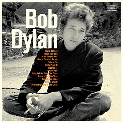 Black and white Bob Dylan album cover with artist name and song titles in orange text.