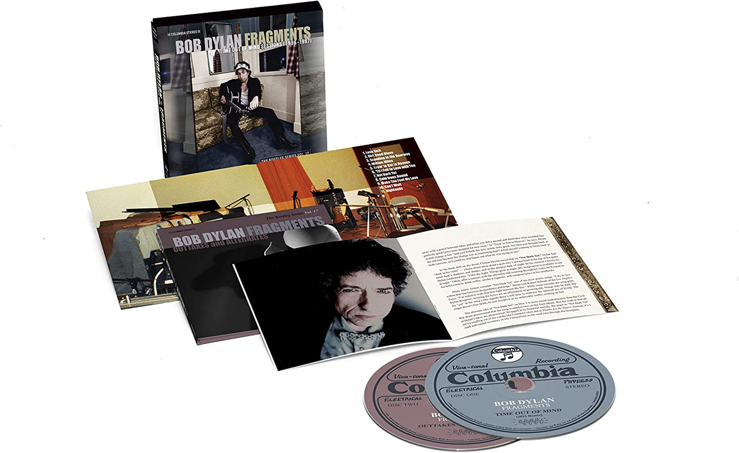 Bob Dylan "Fragments" CD release with booklet, photos, and two discs.