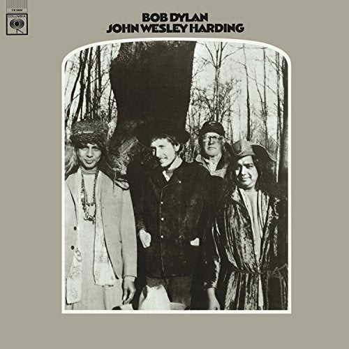 Bob Dylan’s “John Wesley Harding” album cover with four figures in a forest.