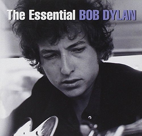 Bob Dylan album cover, black and white portrait with guitar.