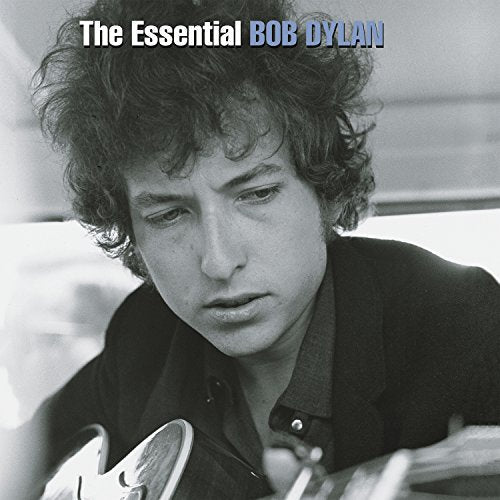 Black and white portrait of young Bob Dylan, album cover.