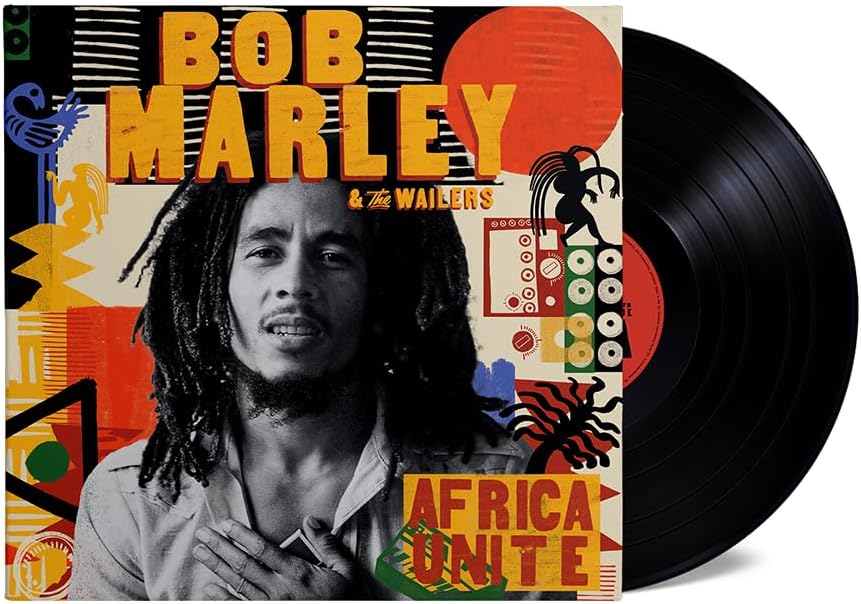 "Vinyl record with Bob Marley's album cover art featuring his portrait and colorful graphics."