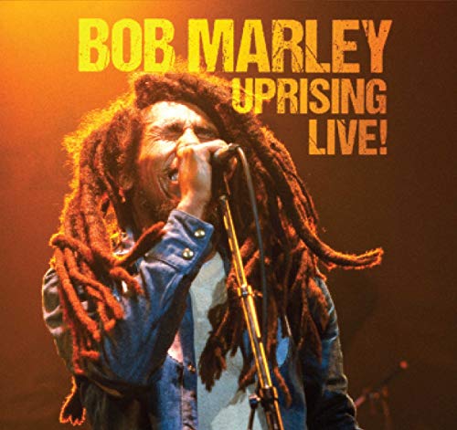 Bob Marley singing into a microphone, album cover for "Uprising Live!".