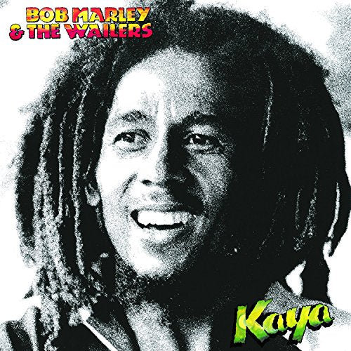 Black and white image of Bob Marley's face with colorful album title text overlay.