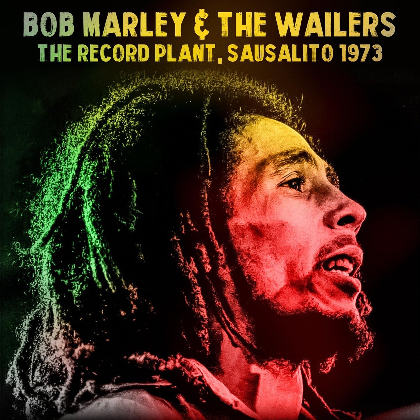 Bob Marley with dreadlocks against a red, gold, and green background with album text.