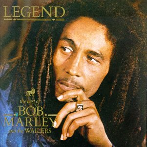 Bob Marley portrait album cover, “Legend,” featuring dreadlocks and a ring.