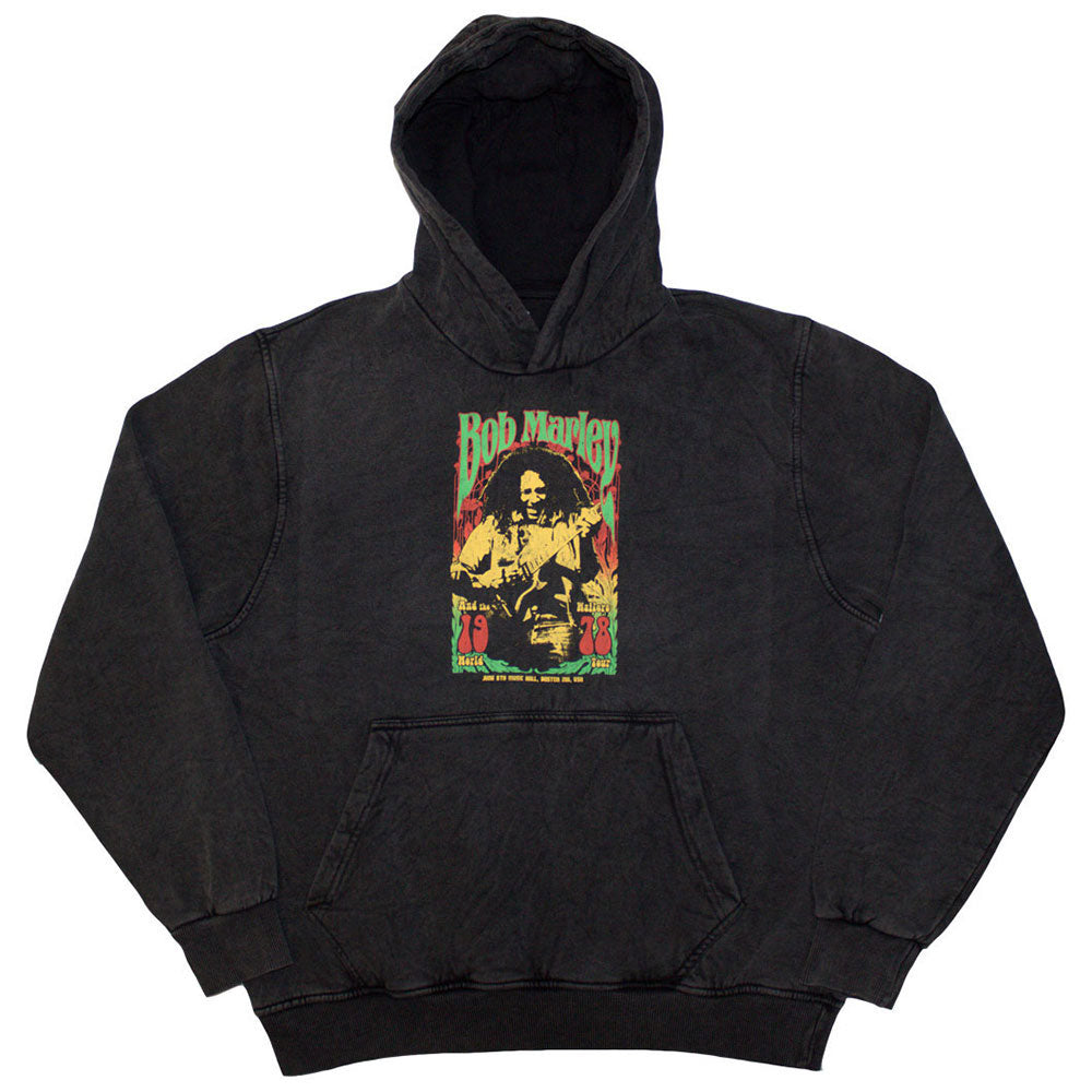 A grey unisex pullover hoodie featuring a vintage Bob Marley 1978 graphic print.