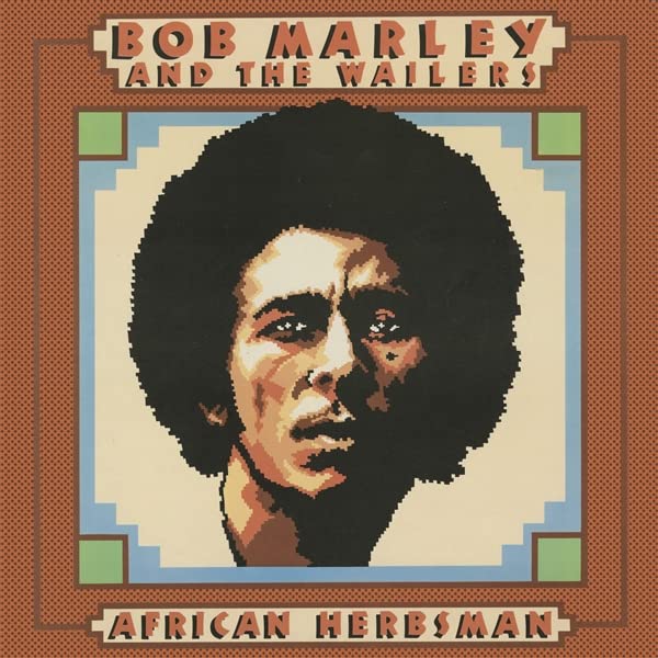 Bob Marley album cover, "African Herbsman", portrait with patterned border.