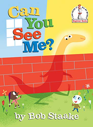 Book cover: a yellow dinosaur peeks over a red brick wall.