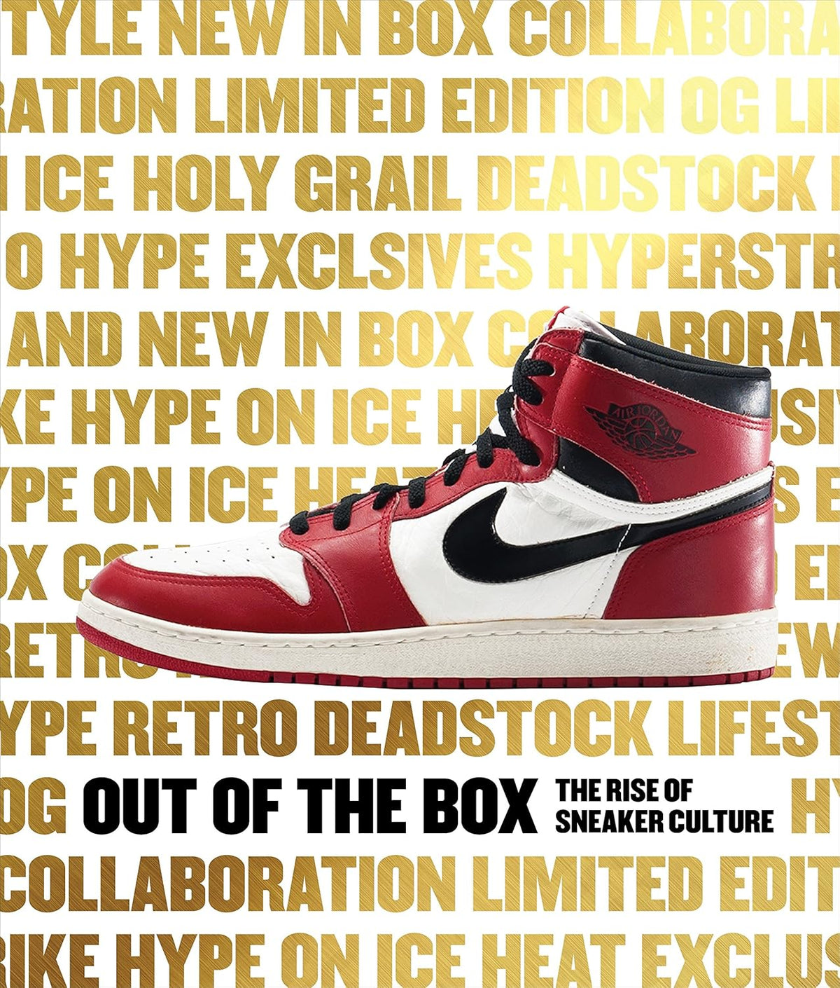 Red and white high-top sneakers with book title overlayed.