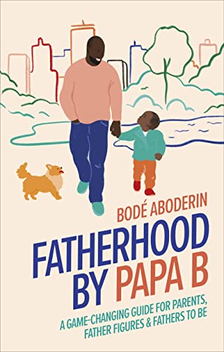 Book cover: father and son walking, illustrated cityscape background.