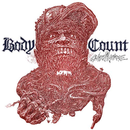 Red sketch of a muscular man wearing a cap, album cover art.