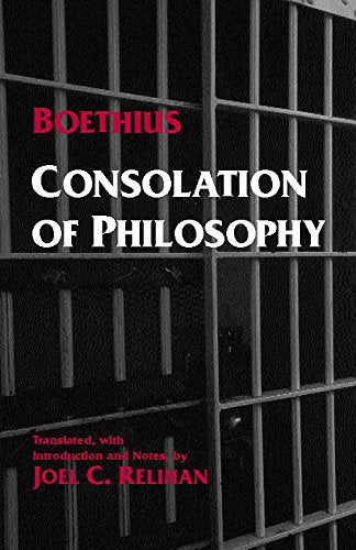 Book cover for Consolation of Philosophy by Boethius, featuring a background of prison bars.
