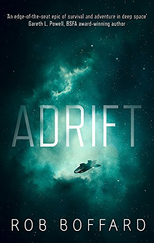 Book cover: “Adrift” with a spaceship silhouette in a nebula.