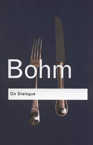 Book cover: "On Dialogue" by Bohm, featuring a fork and knife.