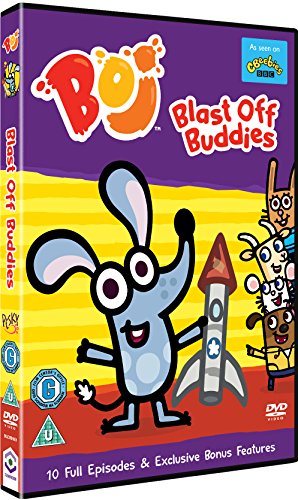 Cartoon rabbit and friends on DVD case with rocket and colorful background.