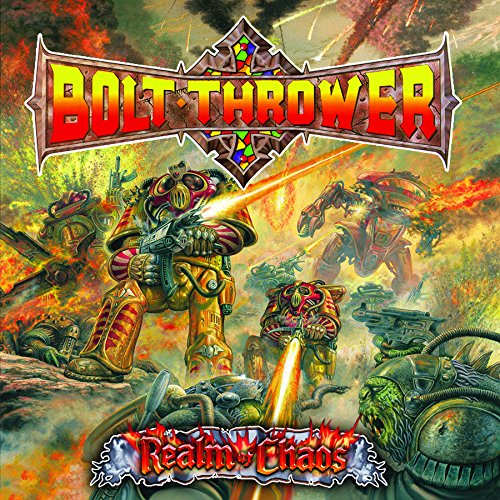 "Album cover art featuring futuristic warriors in combat with the title 'Bolt Thrower'."