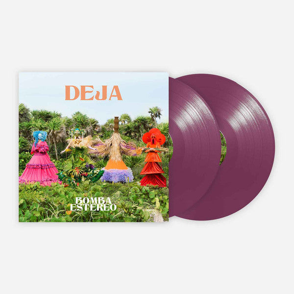 Bomba Estereo’s “Deja” vinyl record with colorful cover art and purple discs.