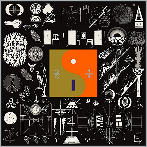 Bon Iver album cover: black background with abstract white and orange symbols.