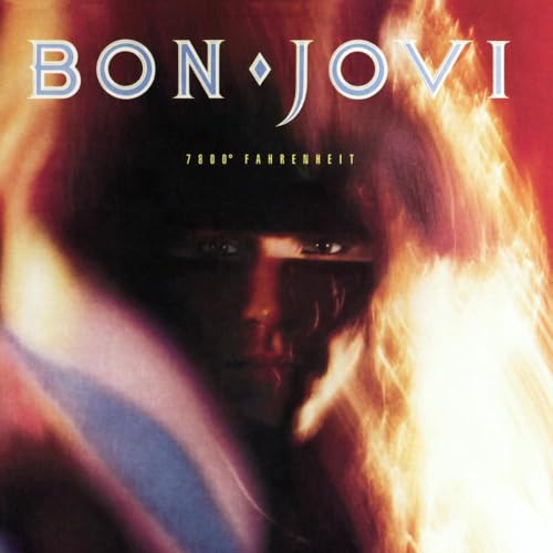 Bon Jovi "7800 Fahrenheit" CD cover with a fiery, blurred portrait.