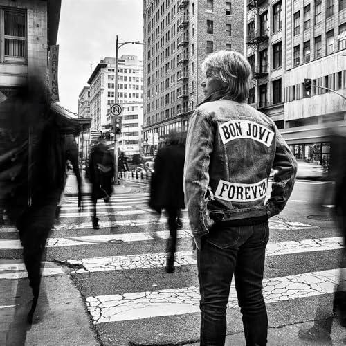 Black and white album cover featuring Bon Jovi’s back, city street.