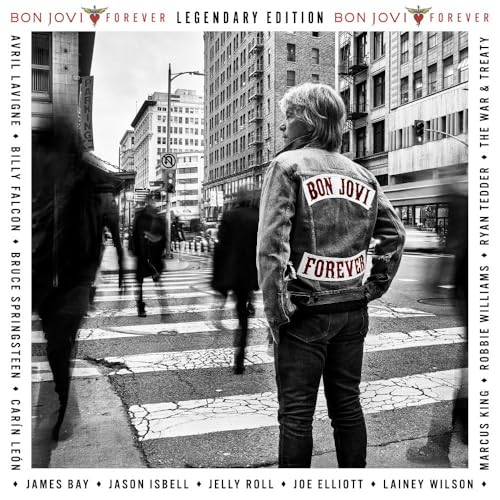 Bon Jovi “Forever” album cover: man in denim jacket, city street.