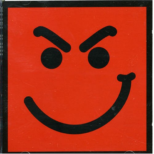 Red square with a black, frowning smiley face design.