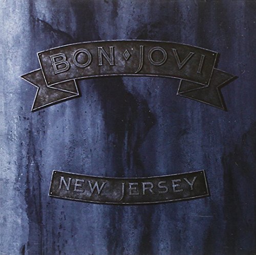 Bon Jovi “New Jersey” album cover with metallic lettering on blue.