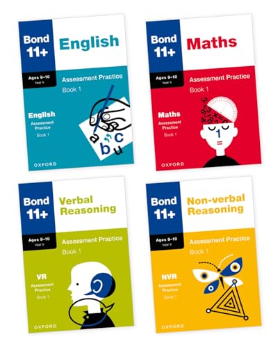Four Bond 11+ assessment practice books for English, Maths, Verbal, and Non-verbal Reasoning.