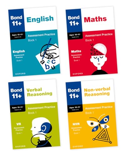 Four Bond 11+ assessment practice books for English, Maths, Verbal, and Non-verbal Reasoning.