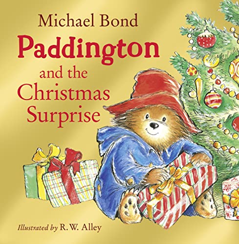 Paddington Bear with Christmas gifts and a decorated tree.
