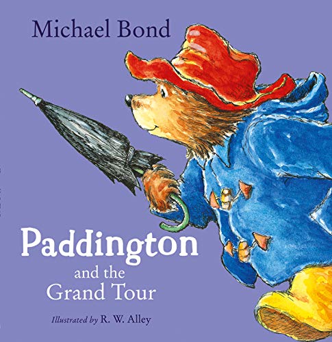 Paddington Bear with umbrella on book cover, illustrated by R.W. Alley.